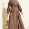V Stone Embellished Tencel Skirt Set Brown