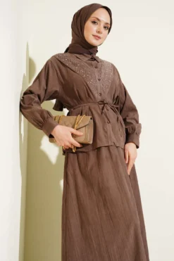 Alternative view of V Stone Embellished Tencel Skirt Set Brown