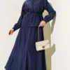 V Stone Embellished Tencel Skirt Set Navy Blue al por mayor clothing set - Hicabistan fábrica Turquía