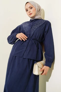 Alternative view of V Stone Embellished Tencel Skirt Set Navy Blue