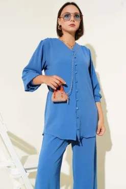 V-Neck Brit Button Ayrobin Two-Piece Set Indigo wholesale clothing set view 2 - Hicabistan Turkey factory