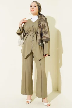 V Neck Buttoned Two-Piece Set