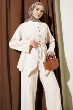 V Neck Buttoned Two-Piece Set Beige wholesale clothing set view 2 - Hicabistan Turkey factory
