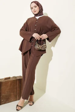 V Neck Buttoned Two-Piece Set Brown wholesale clothing set view 2 - Hicabistan Turkey factory