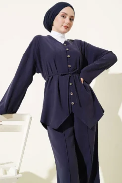 V Neck Buttoned Two-Piece Set Navy Blue wholesale clothing set view 2 - Hicabistan Turkey factory