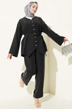 V Neck Buttoned Two-Piece Set Black