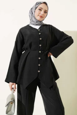 Alternative view of V Neck Buttoned Two-Piece Set Black