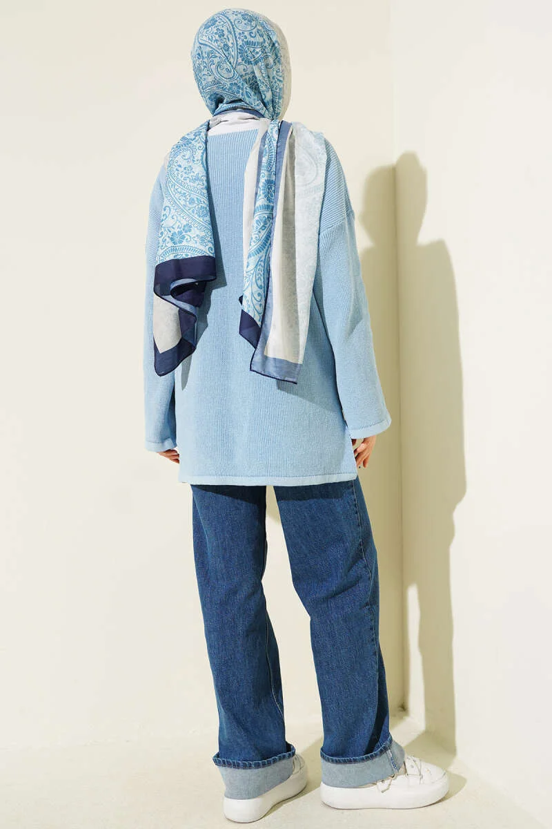 V-Neck Plain Knit Tunic Blue – Image 3