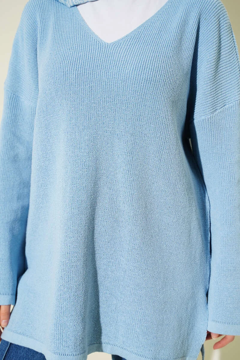 V-Neck Plain Knit Tunic Blue – Image 4