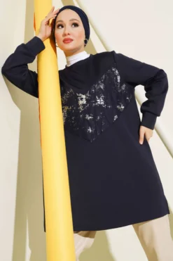 Embellished Patterned Tunic Navy Blue