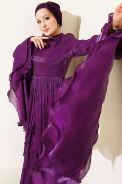 Ruffled Draped Evening Dress Purple groothandel dress - Hicabistan Turkije fabriek