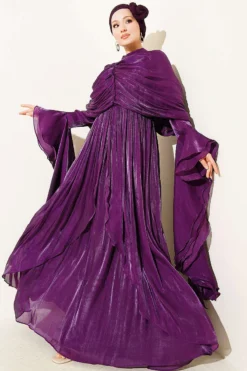 Ruffled Draped Evening Dress Purple groothandel dress view 2 - Hicabistan Turkije fabriek