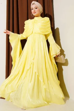 Ruffled Draped Evening Dress Yellow groothandel dress - Hicabistan Turkije fabriek