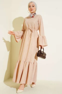 Ruffled Drop Knit Dress Beige Großhandel dress - Hicabistan Türkei Fabrik