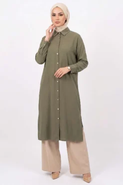 Slit Detail Tencel Long Tunic Khaki