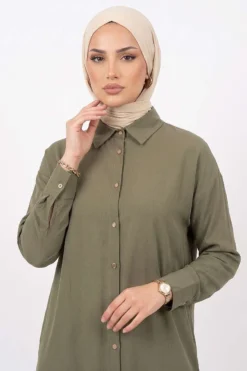 Alternative view of Slit Detail Tencel Long Tunic Khaki