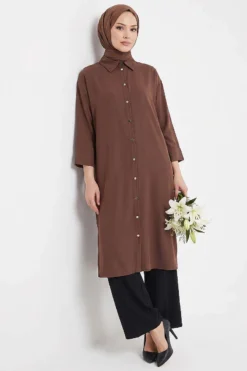 Slit Detail Tencel Long Tunic Brown