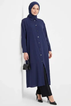 Slit Detail Tencel Long Tunic Navy Blue