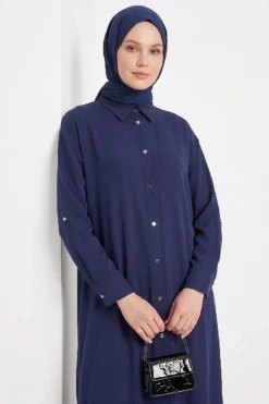 Alternative view of Slit Detail Tencel Long Tunic Navy Blue