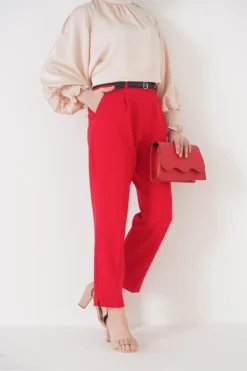 Split Leg Belted Pants Red
