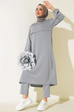 Split Long Two-Piece Set Grey