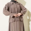 Ruffled Bow Neck Top with Skirt Set Mink wholesale clothing set view 2 - Hicabistan Turkey factory