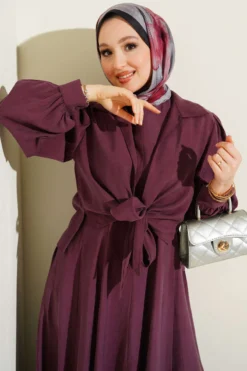 Collar Tied Midi Dress Burgundy groothandel dress view 2 - Hicabistan Turkije fabriek