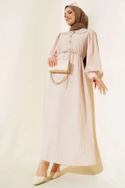 Collar Lace Belted Dress Beige
