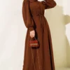 Collar Lace Belted Dress Brown