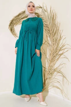 Lace-Trim Half-Button Dress Emerald