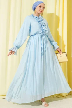 Ruffled Neck Drawstring Waist Dress Baby Blue