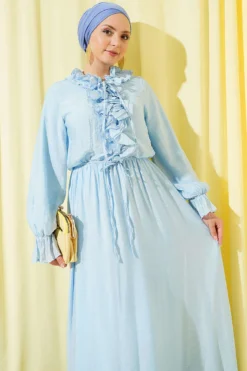 منظر بديل لـ Ruffled Neck Drawstring Waist Dress Baby Blue