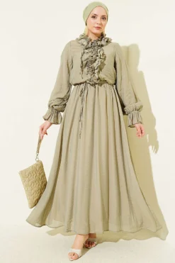 Ruffled Neck Drawstring Waist Dress Khaki