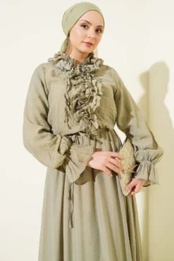 منظر بديل لـ Ruffled Neck Drawstring Waist Dress Khaki