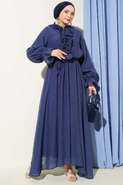 Ruffled Neck Drawstring Waist Dress Navy Blue