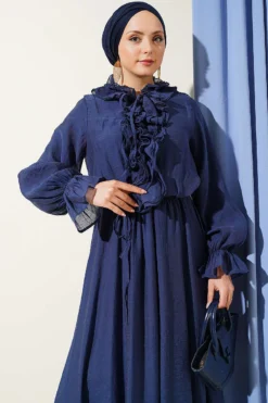 منظر بديل لـ Ruffled Neck Drawstring Waist Dress Navy Blue
