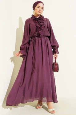 Ruffled Neck Drawstring Waist Dress Plum