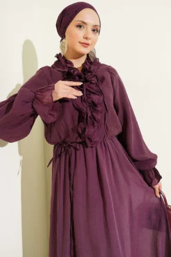 منظر بديل لـ Ruffled Neck Drawstring Waist Dress Plum