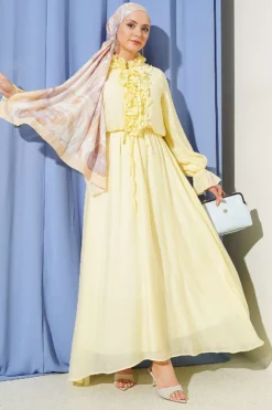 Ruffled Neck Drawstring Waist Dress Yellow