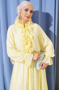 منظر بديل لـ Ruffled Neck Drawstring Waist Dress Yellow