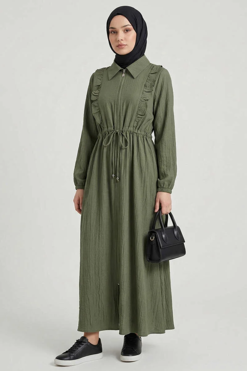 Ruffled Neck Waist Tunic Dress Khaki groothandel dress - Hicabistan Turkije fabriek