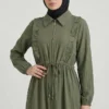 Ruffled Neck Waist Tunic Dress Khaki groothandel dress view 2 - Hicabistan Turkije fabriek