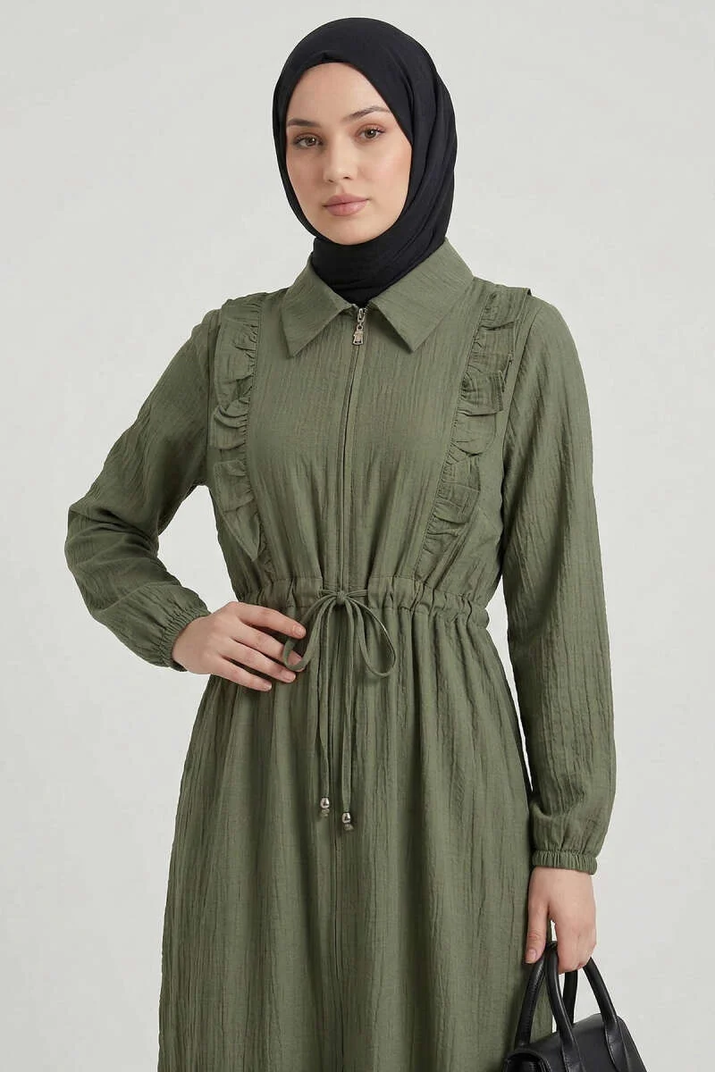 Ruffled Neck Waist Tunic Dress Khaki groothandel dress view 2 - Hicabistan Turkije fabriek