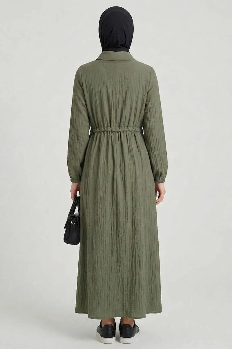 Ruffled Neck Waist Tunic Dress Khaki groothandel dress view 3 - Hicabistan Turkije fabriek