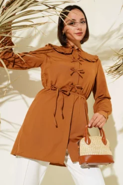Ruffled Bow Collar Tunic Tan