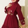 Ruffled Collar Embroidered Poplin Dress Burgundy al por mayor dress view 2 - Hicabistan fábrica Turquía