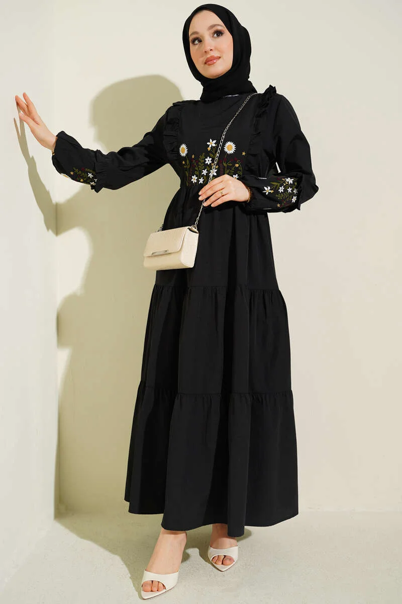 Ruffled Collar Embroidered Poplin Dress Black بالجملة dress - Hicabistan مصنع تركيا