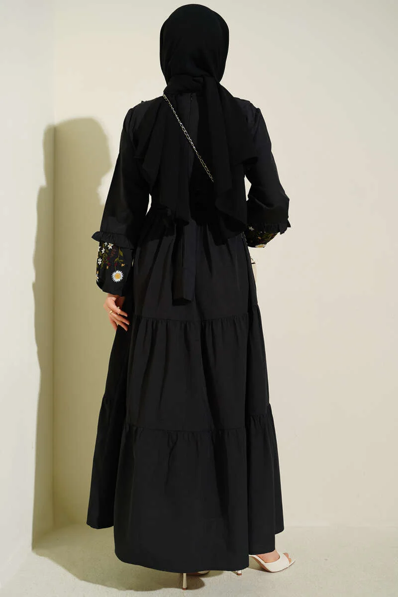 Ruffled Collar Embroidered Poplin Dress Black بالجملة dress view 4 - Hicabistan مصنع تركيا