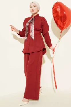 Shawl Collar Belted Loose Two-Piece Set Burgundy