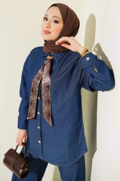 Collar Scarf Stone Button Denim Two-Piece Set Navy Blue all'ingrosso clothing set view 2 - Hicabistan fabbrica Turchia
